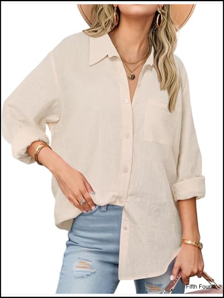 Women's Button Down Shirt Long Sleeve Cotton Gauze Casual Collared Blouse